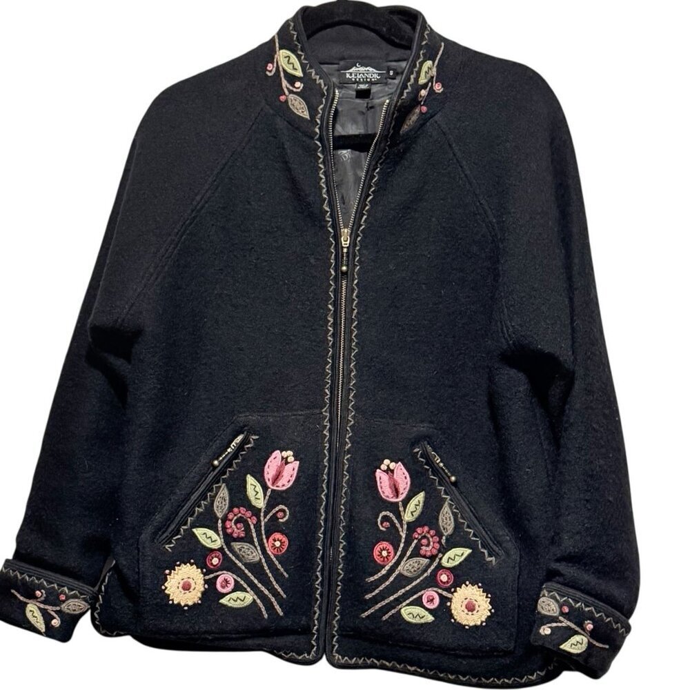 VTG Icelandic Design Nordic Boiled Wool Womens Small Embroidered Black Cardigan